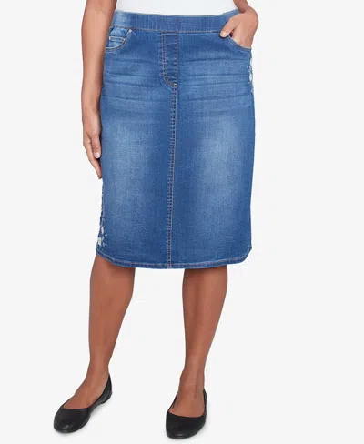 Alfred Dunner Petite Flower Power Floral Embroidered Denim Skirt In Medium Indigo