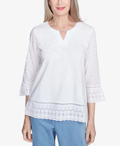 Alfred Dunner Petite Flower Power Floral Embroidered Eyelet Trim Top In White