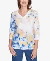 Alfred Dunner Plus Size Flower Power Floral Textured V Neck Top In Multi Blue