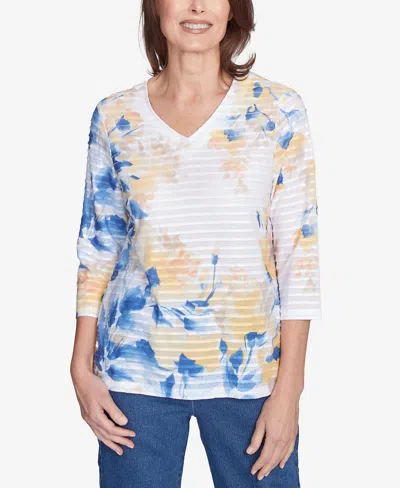 ALFRED DUNNER PETITE FLOWER POWER FLORAL TEXTURED V NECK TOP