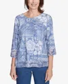 Alfred Dunner Women's Flower Power Lacey Floral Patchwork Crew Neck Top In Blue