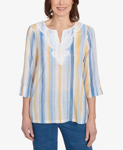 Alfred Dunner Petite Flower Power Striped Flower Detail Button Front Top In Blue