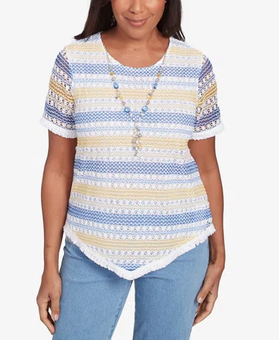 Alfred Dunner Petite Flower Power Textured Biadere Fringe Top With Necklace In Multi Blue