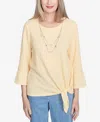 Alfred Dunner Plus Size Flower Power Tie Front Textured Crew Neck T-shirt With Necklace In Buttercup