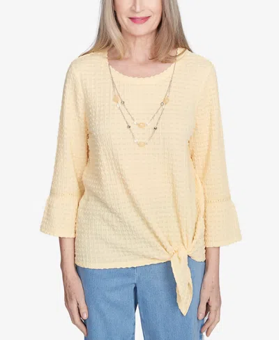 ALFRED DUNNER PETITE FLOWER POWER TIE FRONT TEXTURED TOP WITH NECKLACE