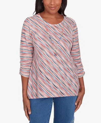 Alfred Dunner Petite Free Spirit Diagonal Space Dye Top With Necklace In Coral
