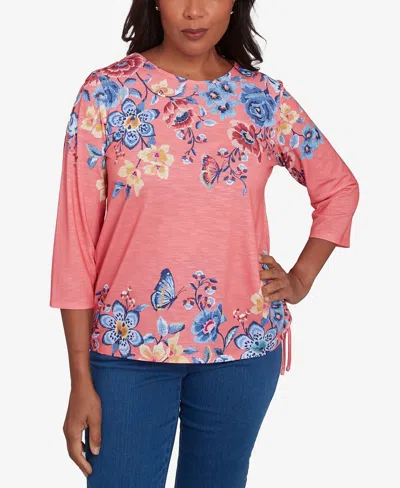Alfred Dunner Petite Free Spirit Floral Crew Neck Knit Top In Coral