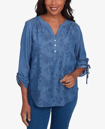 Alfred Dunner Petite Free Spirit Floral Embroidered Flared Sleeve Top In Blue