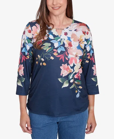 Alfred Dunner Petite Free Spirit Floral Knit Ruched Sleeve Top In Navy