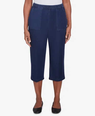Alfred Dunner Petite Free Spirit Knit Denim Capri Pants In Dark Denim