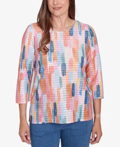 Alfred Dunner Plus Size Free Spirit Mini Ruffle Brushstroke Crew Neck Top In Coral