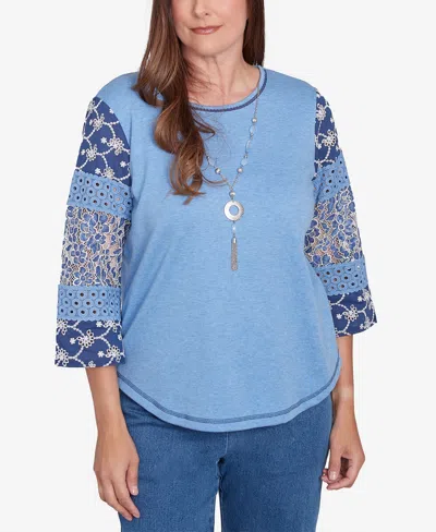 Alfred Dunner Petite Free Spirit Patchwork Sleeve Knit Top With Necklace In Blue