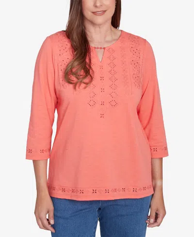 Alfred Dunner Petite Free Spirit Solid Cut Out Beaded Split Neck Top In Coral