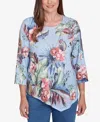 Alfred Dunner Petite Free Spirit Tropical Print Knit Top With Necklace In Light Blue