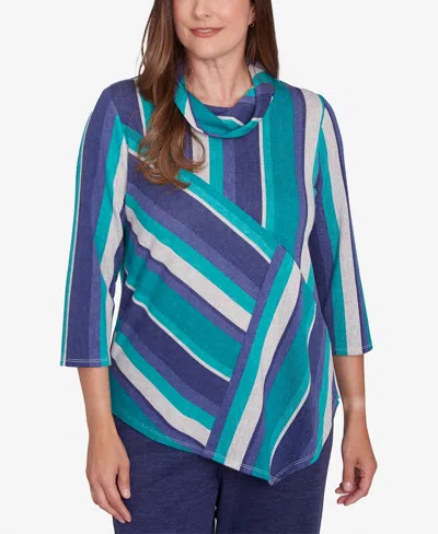 Alfred Dunner Petite French Quarter Spliced Stripe Cowl Neck Top In Multi Green