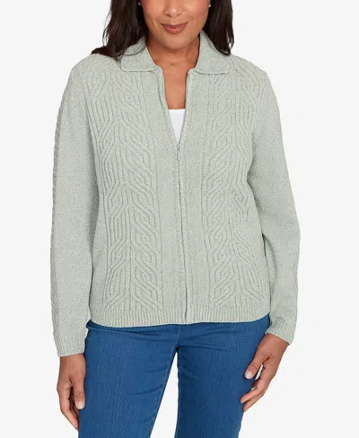 Alfred Dunner Petite Front Zip Chenille Cardigan In Green