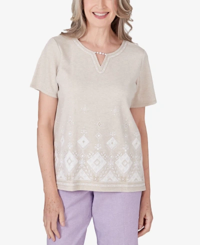 Alfred Dunner Petite Garden Party Embroidered Diamond Border Top In Oatmeal Heather