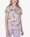 ALFRED DUNNER PETITE GARDEN PARTY SHORT SLEEVE BURNOUT FLORAL TOP