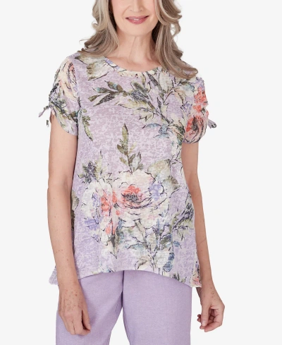 Alfred Dunner Floral Garden Party Top In Lavender In Purple