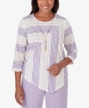Alfred Dunner Petite Garden Party Spliced Stripe Texture Necklace Top In Multi