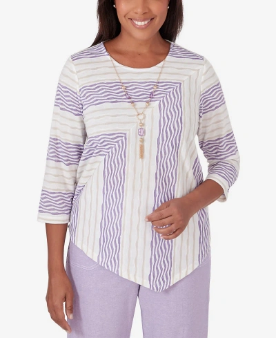 Alfred Dunner Petite Garden Party Spliced Stripe Texture Necklace Top In Multi
