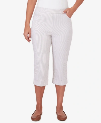 Alfred Dunner Petite Garden Party Stripe Clamdigger Capri Pants With Cuffed Hem In Stone