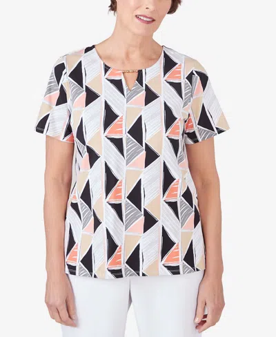 Alfred Dunner Petite Geo Stained Glass Split Neck Tee In Multi
