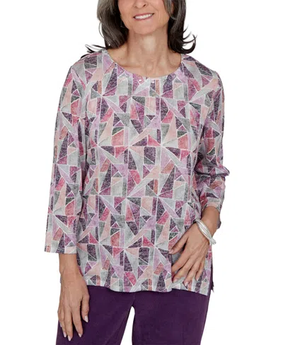 Alfred Dunner Petite Geometric 3/4-sleeve Crew Neck Top In Multi
