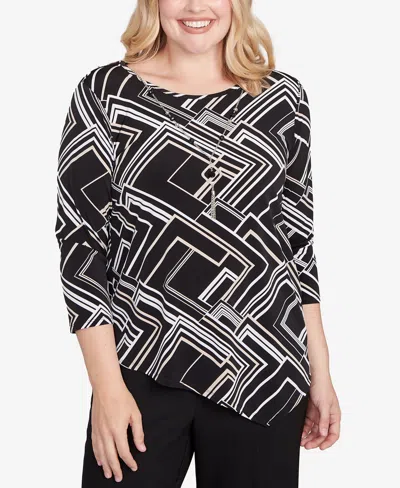 Alfred Dunner Petite Geometric Textured Top With Necklace In Black