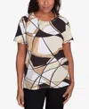 Alfred Dunner Petite Geometric Top With Detailed Neckline In Multi
