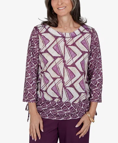 Alfred Dunner Petite Geometric-print 3/4-sleeve Blouse In Plum