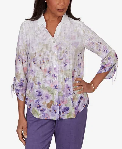 Alfred Dunner Petite Grand Bazaar Floral Ombre Button-down Top In Multi