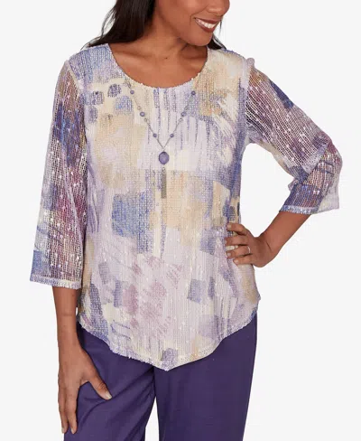 Alfred Dunner Petite Grand Bazaar Stained Glass Mesh Top With Necklace In Multi