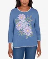 Alfred Dunner Petite Hilton Head Cross-stitched Floral Pull-on Sweater In Blue