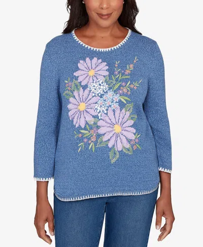 Alfred Dunner Petite Hilton Head Cross-stitched Floral Pull-on Sweater In Blue