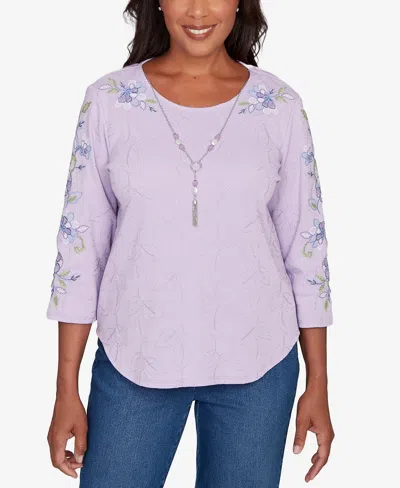 Alfred Dunner Petite Hilton Head Embroidered Sleeve Textured Top In Purple