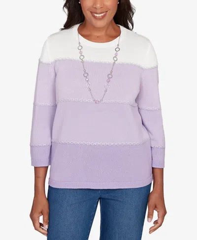 Alfred Dunner Petite Hilton Head Ombre Stripe Sweater With Necklace In White