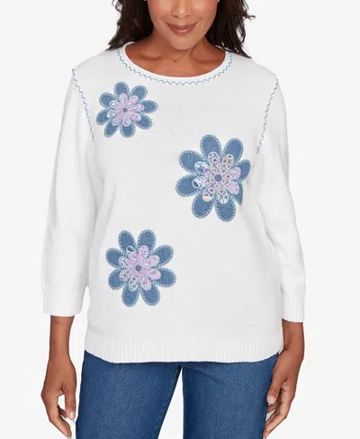ALFRED DUNNER PETITE HILTON HEAD QUILTED FLOWER APPLIQUE SWEATER