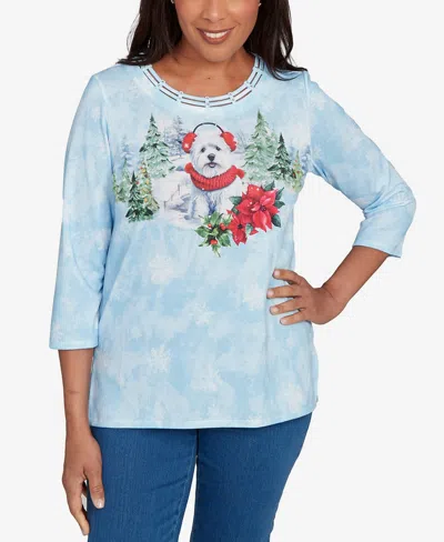 Alfred Dunner Petite Holiday Dog Top In Multi