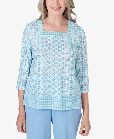 Alfred Dunner Petite Hyannisport Square Neck Geometric Border Top In Seafoam