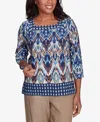 Alfred Dunner Plus Size Summer Solstice Ikat Diamond Border Square Neck Top In Navy Multi