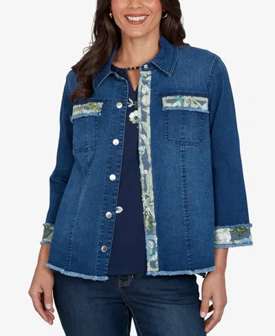 Alfred Dunner Petite Indigo Girls Sequin Embellished Stretch Denim Jacket In Blue