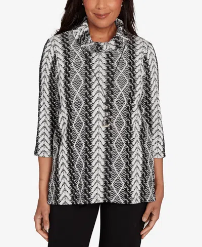 Alfred Dunner Petite Jet Setter Cable Jacquard Knit Top With Necklace In White