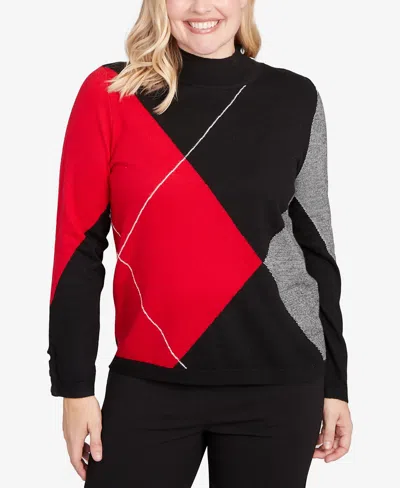 Alfred Dunner Petite Jet Setter Exploded Argyle Mock Neck Sweater In Black