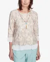 Alfred Dunner Petite Kensington Gardens Floral Lace Woven Trim Top With Necklace In Neutral Multi