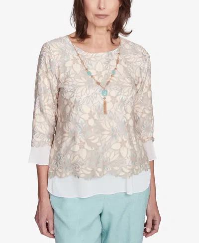 Alfred Dunner Petite Kensington Gardens Floral Lace Woven Trim Top With Necklace In Neutral Multi