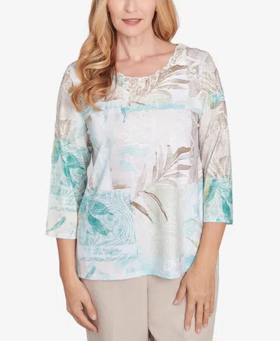 Alfred Dunner Petite Kensington Gardens Patchwork Leaves Textured Top In Neutral Multi
