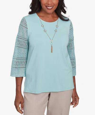 ALFRED DUNNER PETITE KENSINGTON GARDENS SOLID LACE SLEEVE KNIT TOP WITH NECKLACE