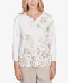 Alfred Dunner Petite Kensington Gardens Split Neck Botanical Gold Foil Print Sweater In Neutral Multi