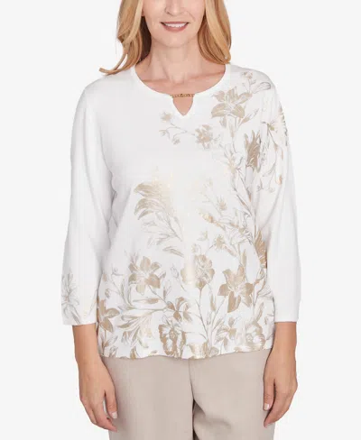 Alfred Dunner Petite Kensington Gardens Split Neck Botanical Gold Foil Print Sweater In Neutral Multi